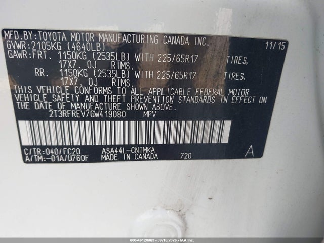 Продажа на аукционе авто 2016 Toyota Rav4 Xle, vin: 2T3RFREV7GW419080, номер лота: 46120883
