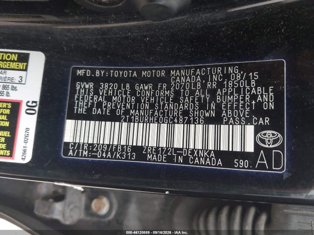2016 Toyota Corolla Le მანქანა იყიდება აუქციონზე, vin: 2T1BURHE0GC487136, აუქციონის ნომერი: 46120889