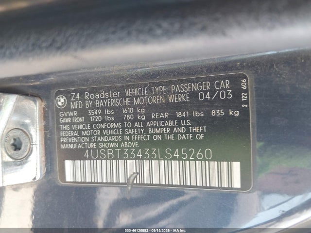 Продаж на аукціоні авто 2003 Bmw Z4 2.5i, vin: 4USBT33433LS45260, номер лоту: 46120893