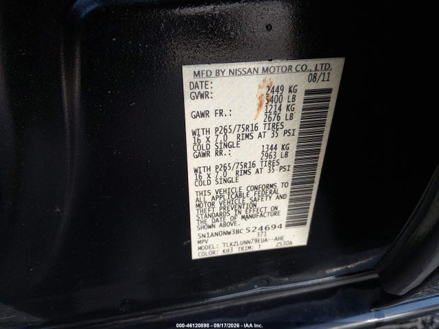 2011 Nissan Xterra Pro-4x მანქანა იყიდება აუქციონზე, vin: 5N1AN0NW3BC524694, აუქციონის ნომერი: 46120898