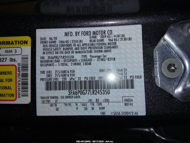 Aukcja sprzedaży 2020 Ford Fusion S, vin: 3FA6P0G77LR245350, numer aukcji: 46120900