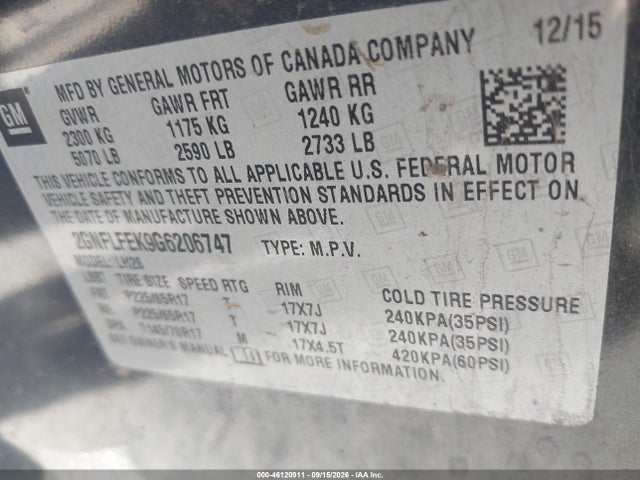 Продажа на аукционе авто 2016 Chevrolet Equinox Lt, vin: 2GNFLFEK9G6206747, номер лота: 46120911