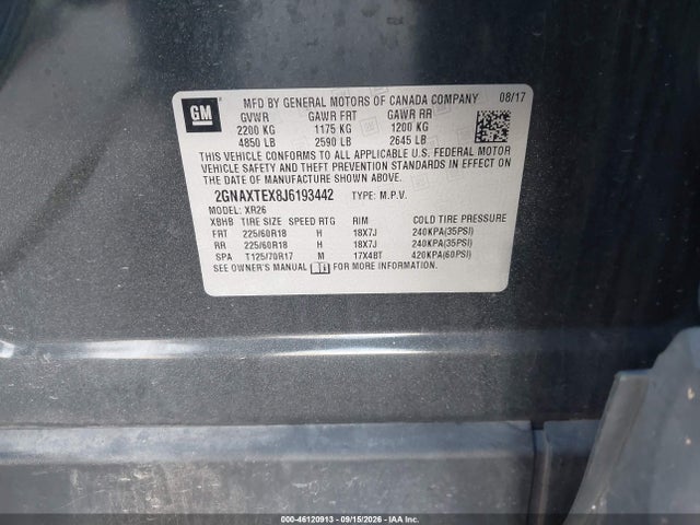 Aukcja sprzedaży 2018 Chevrolet Equinox Lt, vin: 2GNAXTEX8J6193442, numer aukcji: 46120913