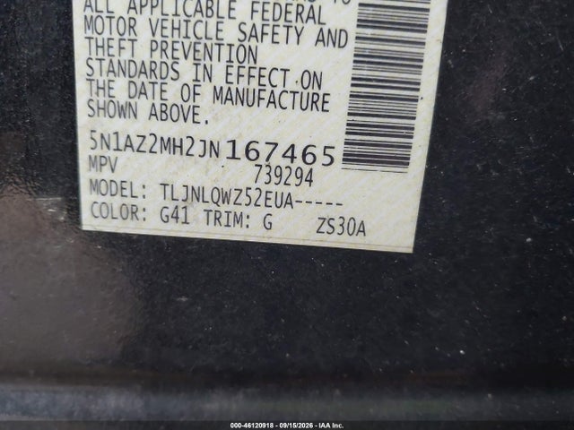 Aukcja sprzedaży 2018 Nissan Murano Sv, vin: 5N1AZ2MH2JN167465, numer aukcji: 46120918