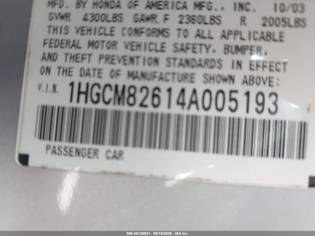 46120921 :رقم المزاد ، 1HGCM82614A005193 vin ، 2004 Honda Accord 3.0 Ex مزاد بيع