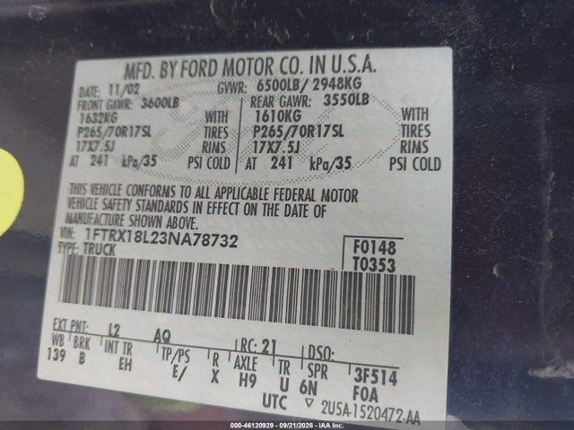 Продажа на аукционе авто 2003 Ford F-150 Lariat/xl/xlt, vin: 1FTRX18L23NA78732, номер лота: 46120929