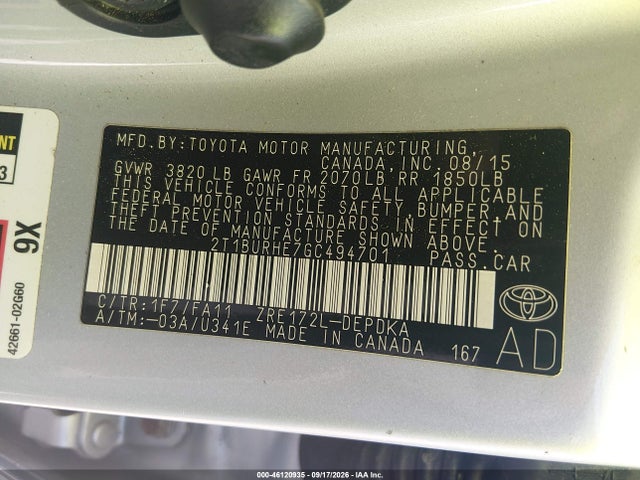 46120935 :رقم المزاد ، 2T1BURHE7GC494701 vin ، 2016 Toyota Corolla L مزاد بيع
