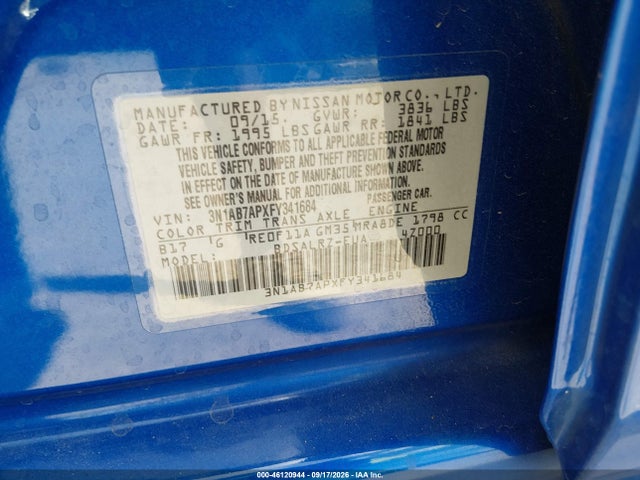 2015 Nissan Sentra Sr მანქანა იყიდება აუქციონზე, vin: 3N1AB7APXFY341684, აუქციონის ნომერი: 46120944