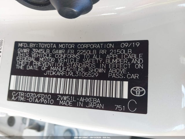 2020 Toyota Prius Le მანქანა იყიდება აუქციონზე, vin: JTDKARFU9L3105529, აუქციონის ნომერი: 46120947