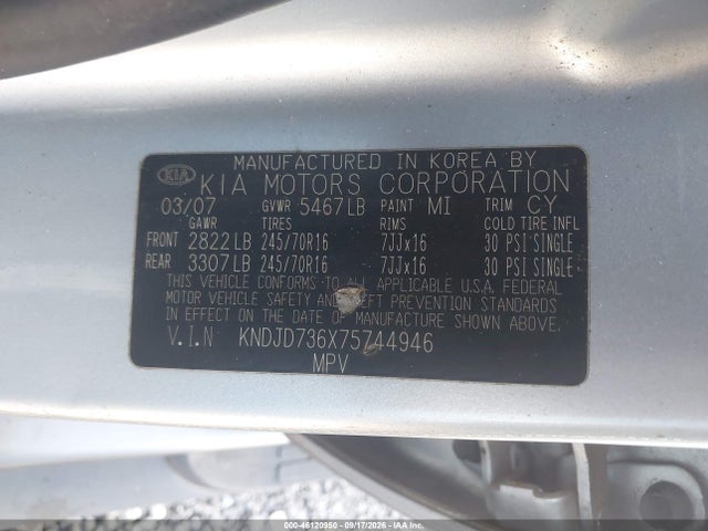 Aukcja sprzedaży 2007 Kia Sorento Ex, vin: KNDJD736X75744946, numer aukcji: 46120950