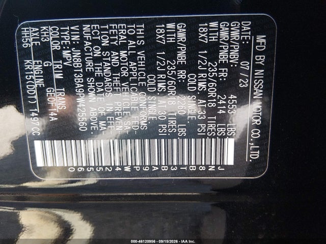 46120956 :رقم المزاد ، JN8BT3BA9PW425560 vin ، 2023 Nissan Rogue Sv Fwd مزاد بيع