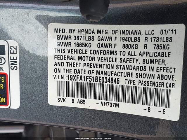 Auction sale of the 2011 Honda Civic Lx, vin: 19XFA1F51BE034846, lot number: 46120958