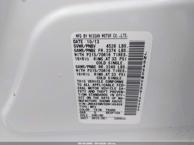 2013 Nissan Rogue S მანქანა იყიდება აუქციონზე, vin: JN8AS5MV5DW148489, აუქციონის ნომერი: 46120965