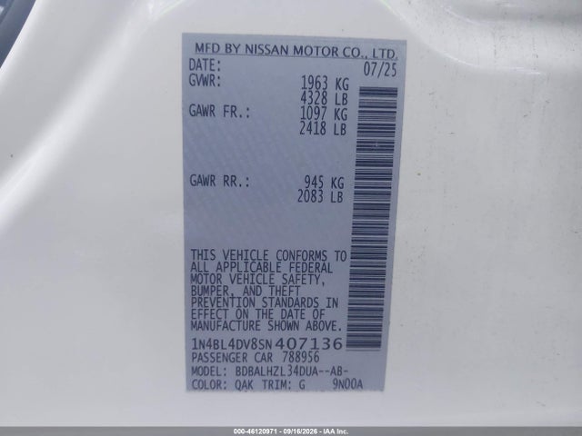 2025 Nissan Altima Sv Fwd მანქანა იყიდება აუქციონზე, vin: 1N4BL4DV8SN407136, აუქციონის ნომერი: 46120971