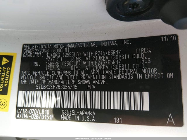 Aukcja sprzedaży 2011 Toyota Highlander Se V6, vin: 5TDBK3EH2BS055715, numer aukcji: 46120975