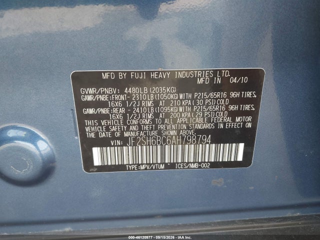 Aukcja sprzedaży 2010 Subaru Forester 2.5x, vin: JF2SH6BC6AH798794, numer aukcji: 46120977
