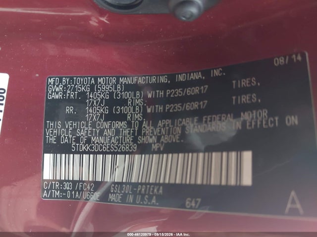 Продажа на аукционе авто 2014 Toyota Sienna Le V6 8 Passenger, vin: 5TDKK3DC6ES526839, номер лота: 46120979