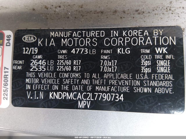 2020 Kia Sportage Lx მანქანა იყიდება აუქციონზე, vin: KNDPMCAC2L7790734, აუქციონის ნომერი: 46120982
