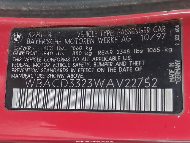 46120983 :رقم المزاد ، WBACD3323WAV22752 vin ، 1998 Bmw 328i مزاد بيع