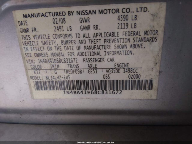 46120988 :رقم المزاد ، 1N4BA41E68C831672 vin ، 2008 Nissan Maxima 3.5 Se مزاد بيع