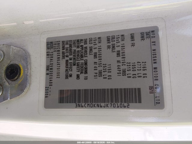 46120989 :رقم المزاد ، 3N6CM0KN6JK701062 vin ، 2018 Nissan Nv200 S مزاد بيع