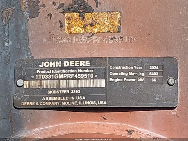 46120998 :رقم المزاد ، 1T0331GMPRF459510 vin ، 2024 John Deere Skidsteer 331g مزاد بيع