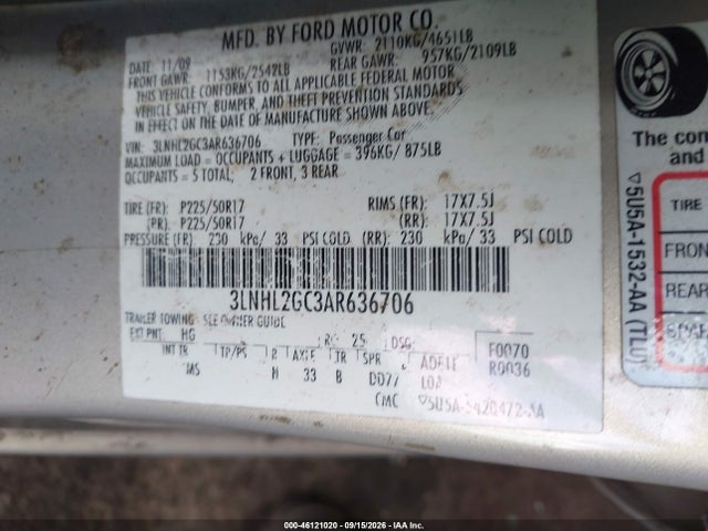 2010 Lincoln Mkz მანქანა იყიდება აუქციონზე, vin: 3LNHL2GC3AR636706, აუქციონის ნომერი: 46121020