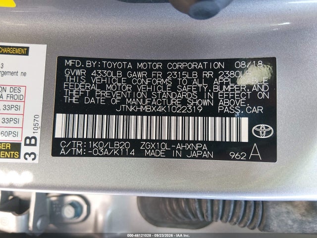 Aukcja sprzedaży 2019 Toyota C-hr Limited, vin: JTNKHMBX4K1022319, numer aukcji: 46121028