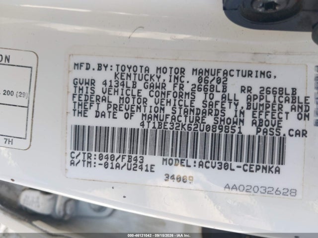Продаж на аукціоні авто 2002 Toyota Camry Le, vin: 4T1BE32K62U089851, номер лоту: 46121042
