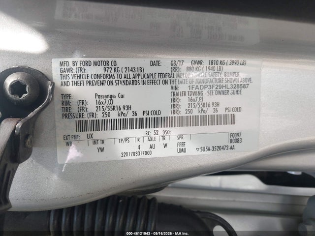 46121043 :رقم المزاد ، 1FADP3F29HL328587 vin ، 2017 Ford Focus Se مزاد بيع