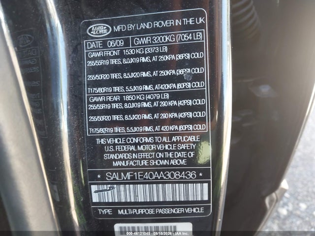 2010 Land Rover Range Rover Supercharged მანქანა იყიდება აუქციონზე, vin: SALMF1E40AA308436, აუქციონის ნომერი: 46121045
