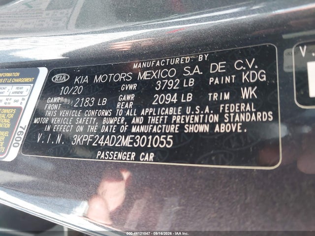 Aukcja sprzedaży 2021 Kia Forte Fe, vin: 3KPF24AD2ME301055, numer aukcji: 46121047