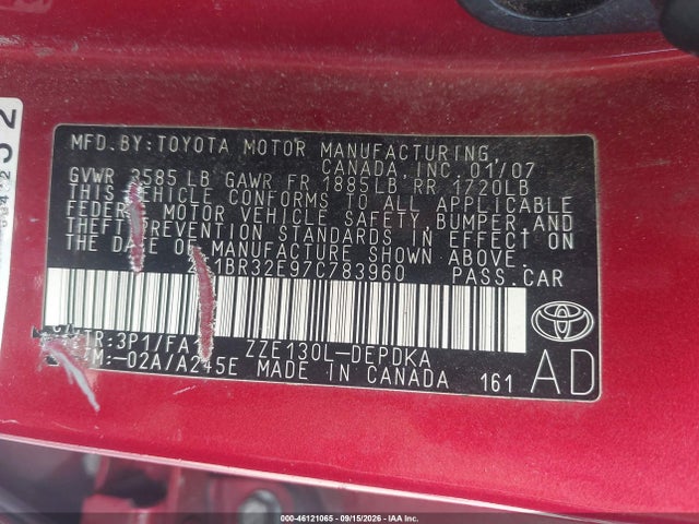 46121065 :رقم المزاد ، 2T1BR32E97C783960 vin ، 2007 Toyota Corolla Ce مزاد بيع