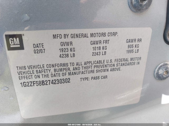Aukcja sprzedaży 2007 Pontiac G6 Value Leader, vin: 1G2ZF58B274230302, numer aukcji: 46121068