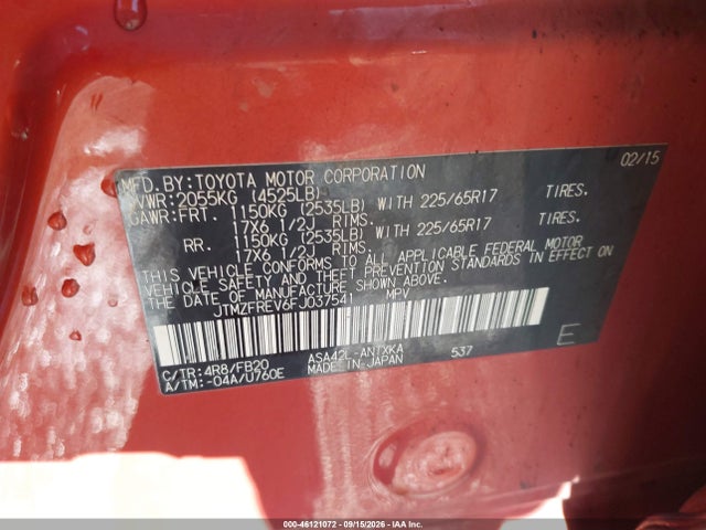 46121072 :رقم المزاد ، JTMZFREV6FJ037541 vin ، 2015 Toyota Rav4 Le مزاد بيع