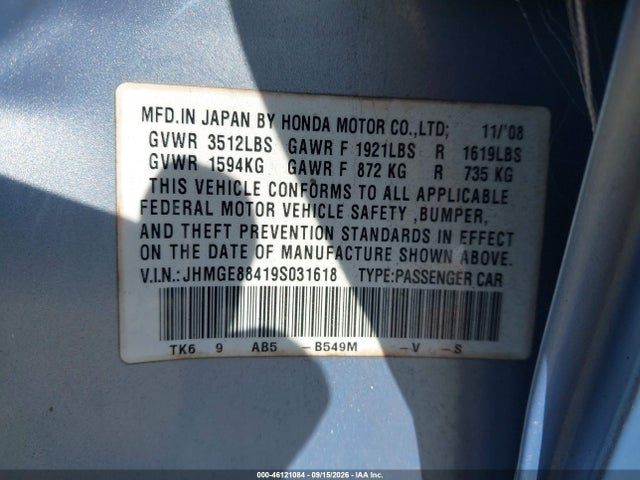 Продажа на аукционе авто 2009 Honda Fit Sport, vin: JHMGE88419S031618, номер лота: 46121084