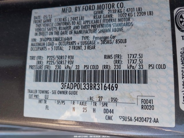 Продаж на аукціоні авто 2011 Ford Fusion Hybrid, vin: 3FADP0L33BR316469, номер лоту: 46121085