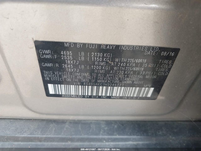 46121087 :رقم المزاد ، 4S4BSAKC1H3246271 vin ، 2017 Subaru Outback 2.5i Limited مزاد بيع