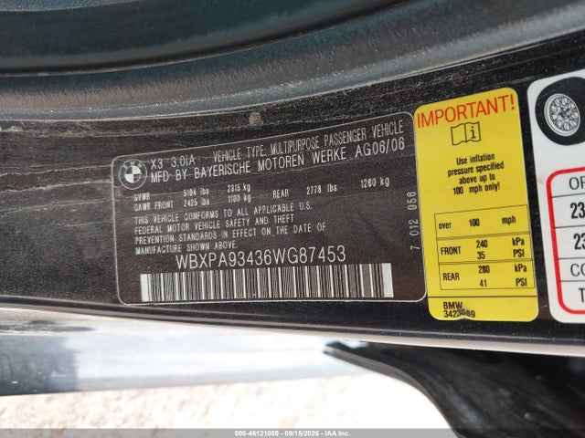 Auction sale of the 2006 Bmw X3 3.0i, vin: WBXPA93436WG87453, lot number: 46121089