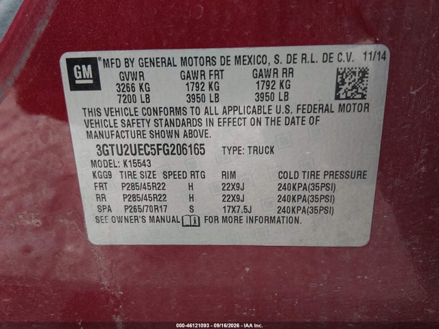 46121093 :رقم المزاد ، 3GTU2UEC5FG206165 vin ، 2015 Gmc Sierra 1500 Sle مزاد بيع