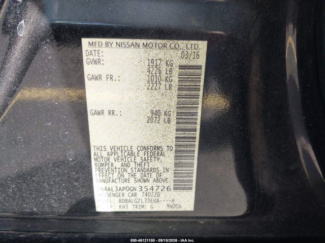 2016 Nissan Altima 2.5 S მანქანა იყიდება აუქციონზე, vin: 1N4AL3AP0GN354726, აუქციონის ნომერი: 46121100