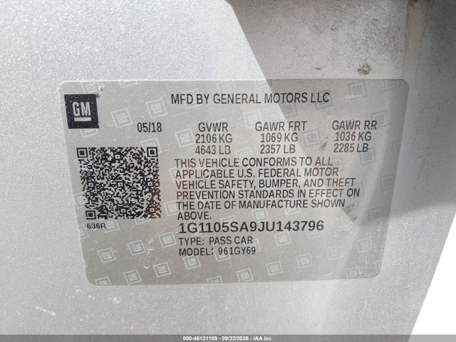 46121109 :رقم المزاد ، 1G1105SA9JU143796 vin ، 2018 Chevrolet Impala 1lt مزاد بيع