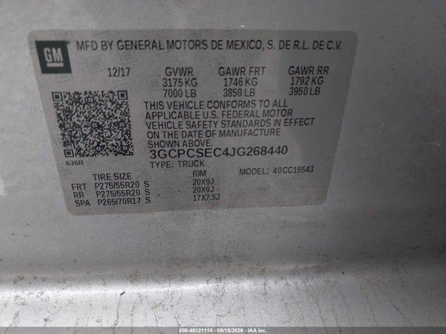 46121110 :رقم المزاد ، 3GCPCSEC4JG268440 vin ، 2018 Chevrolet Silverado 1500 1lz مزاد بيع
