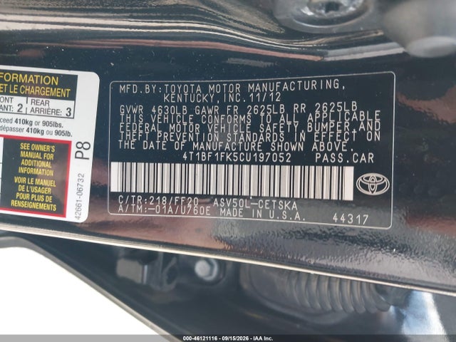 Продажа на аукционе авто 2012 Toyota Camry Se Limited Edition, vin: 4T1BF1FK5CU197052, номер лота: 46121116
