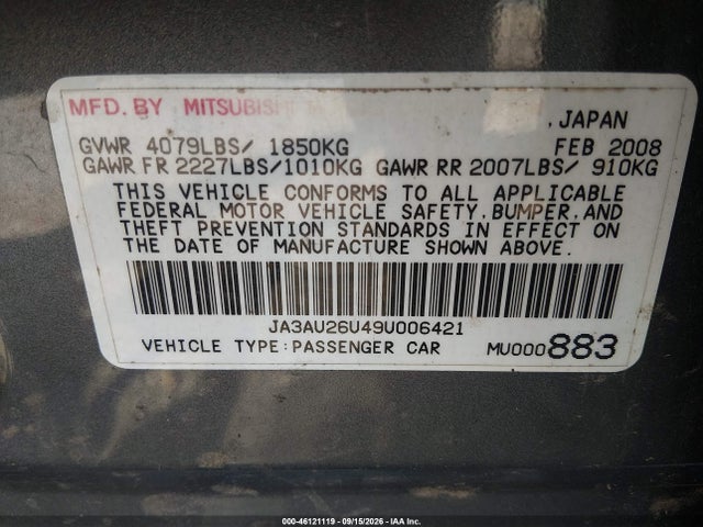 Продажа на аукционе авто 2009 Mitsubishi Lancer Es/es-sport, vin: JA3AU26U49U006421, номер лота: 46121119