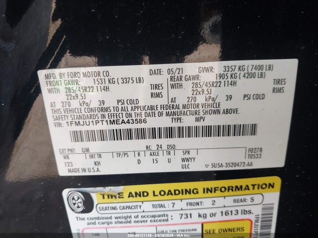 Продажа на аукционе авто 2021 Ford Expedition King Ranch, vin: 1FMJU1PT1MEA43586, номер лота: 46121139