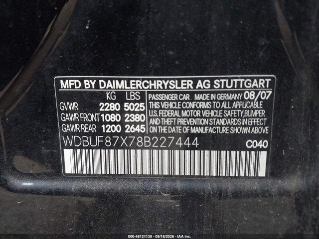2008 Mercedes-benz E 350 4matic მანქანა იყიდება აუქციონზე, vin: WDBUF87X78B227444, აუქციონის ნომერი: 46121138