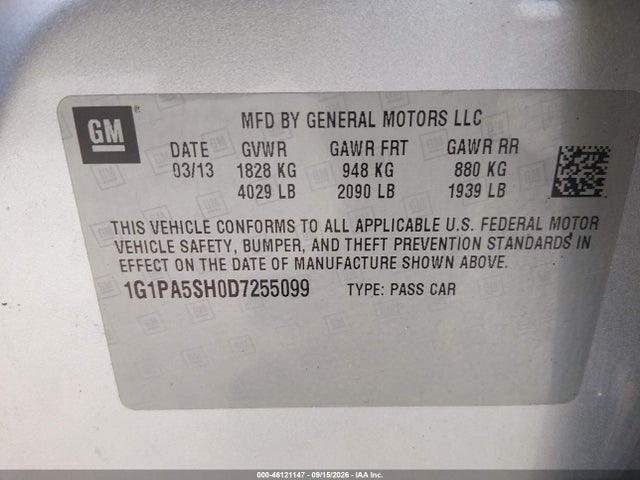 Aukcja sprzedaży 2013 Chevrolet Cruze Ls Auto, vin: 1G1PA5SH0D7255099, numer aukcji: 46121147