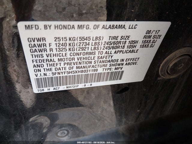 Honda Pilot Ex-l 2017 5FNYF5H5XHB031199 Image 9