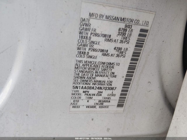 46121164 :رقم المزاد ، 5N1AA08A24N703067 vin ، 2004 Nissan Pathfinder Armada Le مزاد بيع